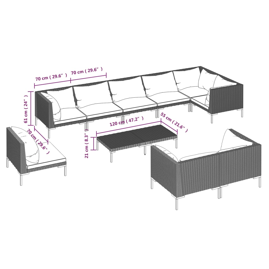 10 pcs conj. lounge jardim c/ almofadões vime PE cinza-escuro