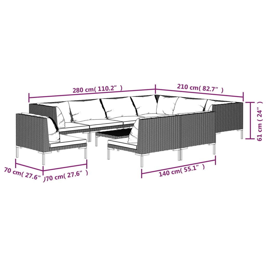 10 pcs conj. lounge jardim c/ almofadões vime PE cinza-escuro