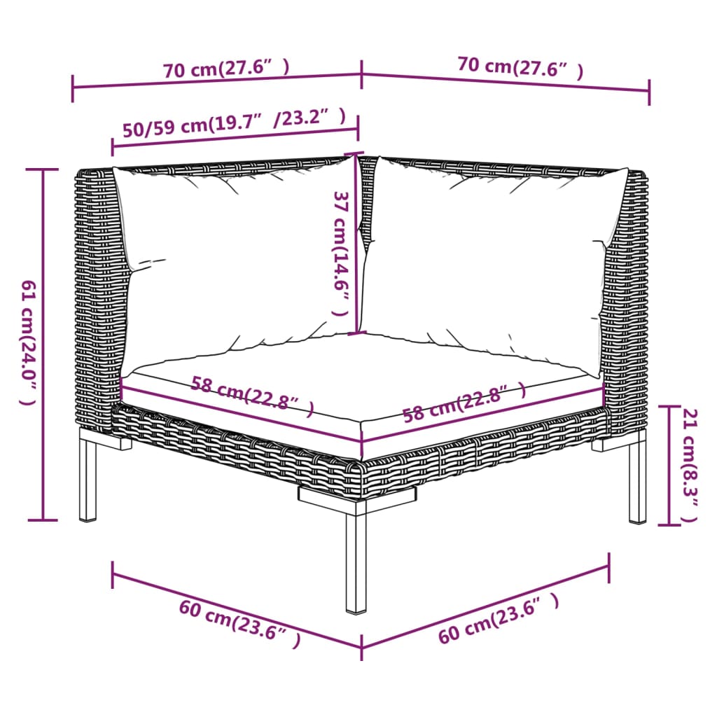 10 pcs conj. lounge jardim c/ almofadões vime PE cinza-escuro