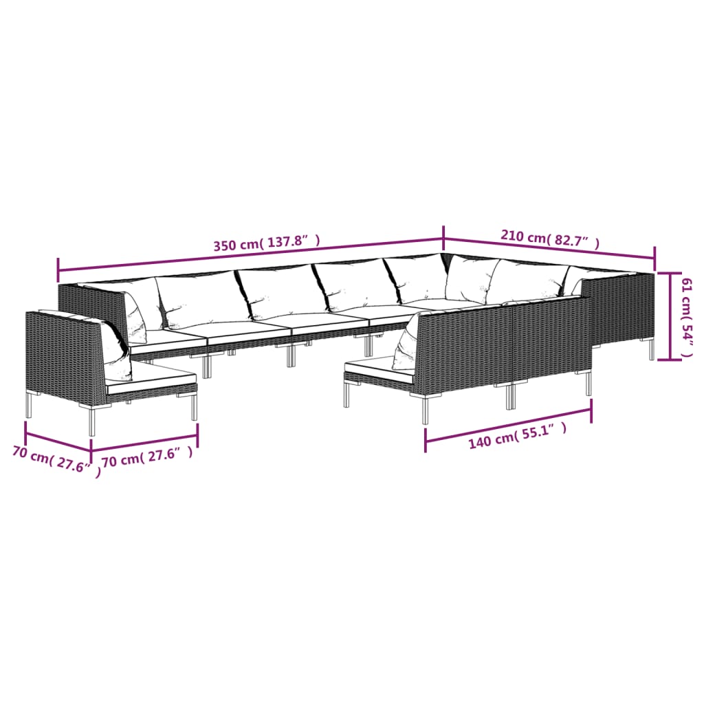 10 pcs conj. lounge jardim c/ almofadões vime PE cinza-escuro