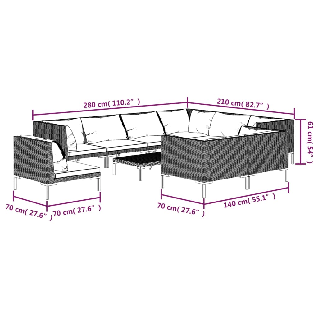 10 pcs conj. lounge jardim c/ almofadões vime PE cinza-escuro