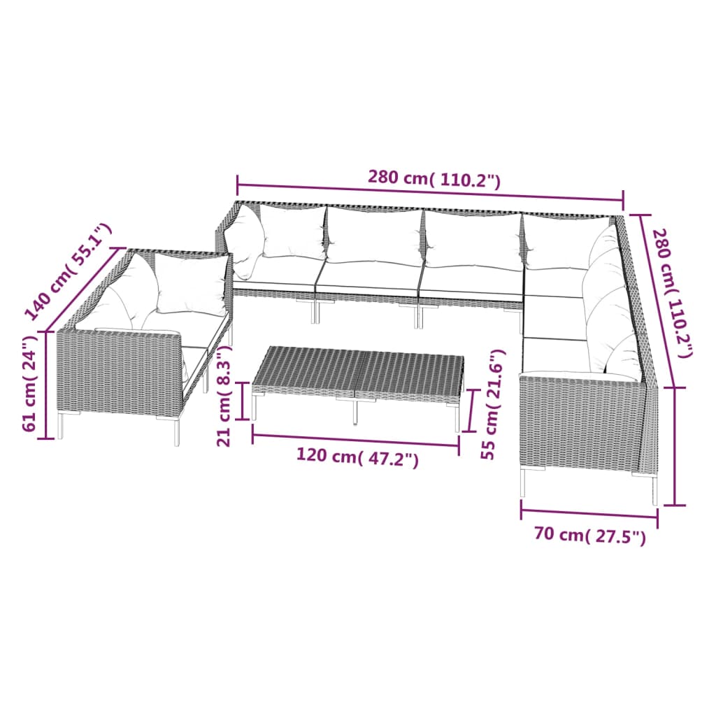 10 pcs conj. lounge jardim c/ almofadões vime PE cinza-escuro