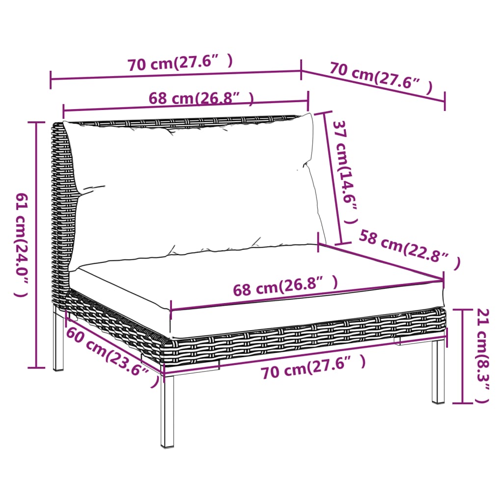 10 pcs conj. lounge jardim c/ almofadões vime PE cinza-escuro