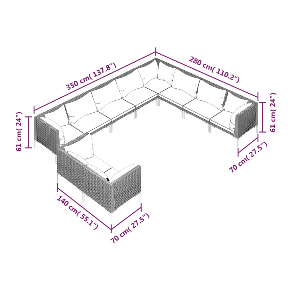 10 pcs conj. lounge jardim c/ almofadões vime PE cinza-escuro