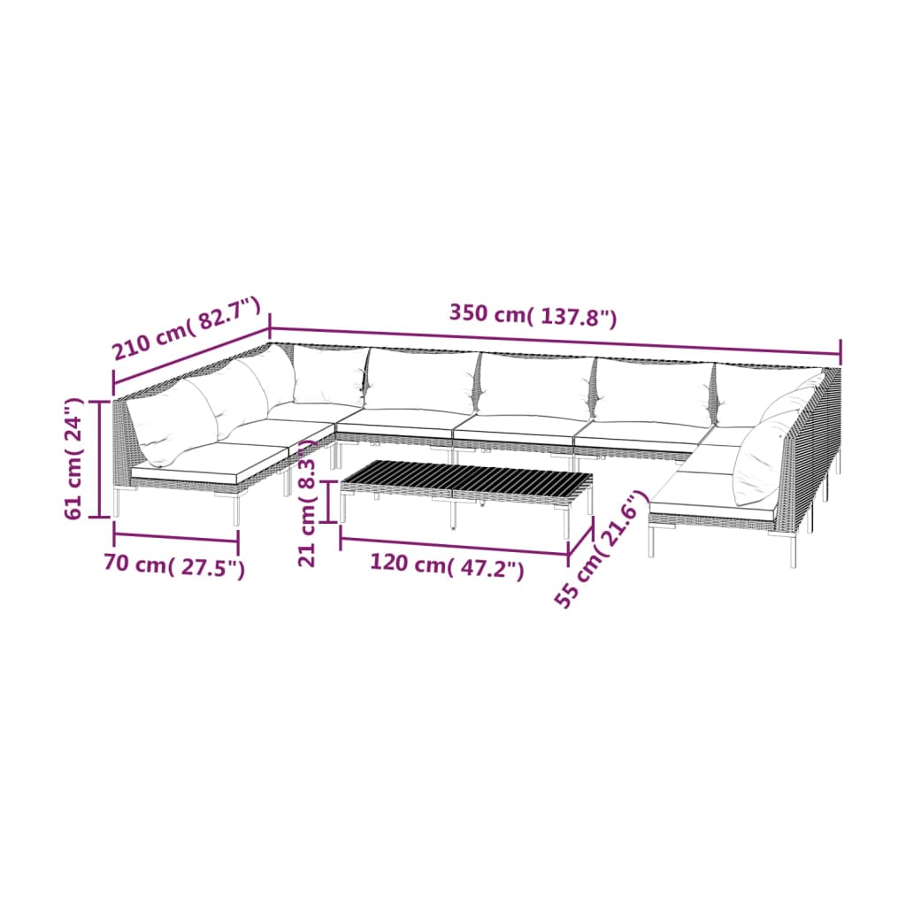 10 pcs conj. lounge jardim c/ almofadões vime PE cinza-escuro