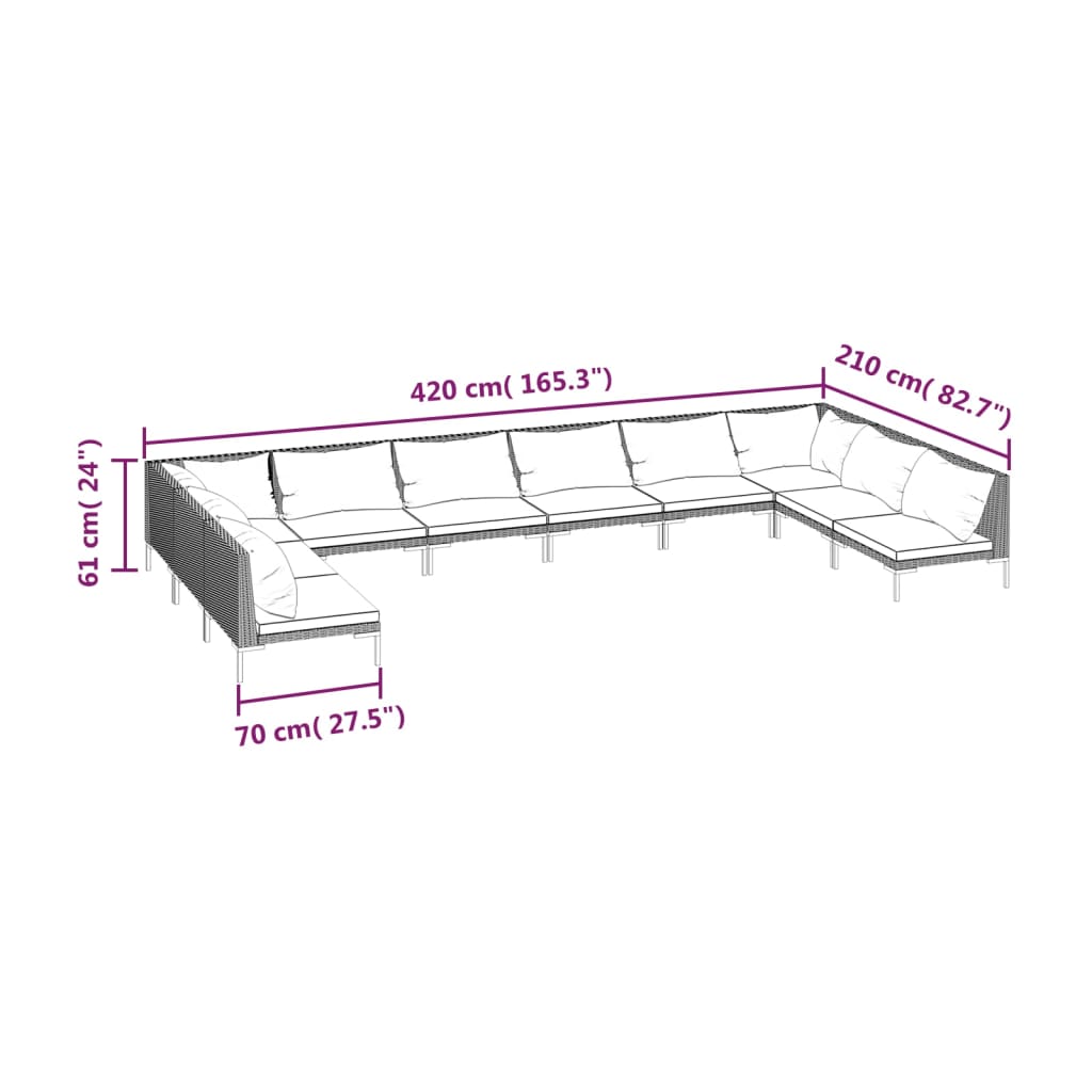 10 pcs conj. lounge jardim c/ almofadões vime PE cinza escuro