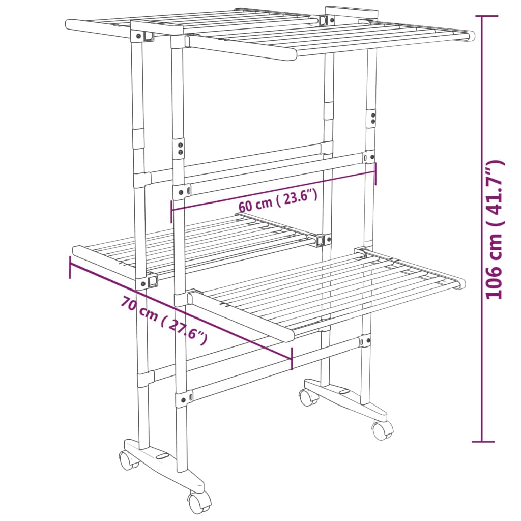 Estendal com 2 prateleiras/rodas 60x70x106 cm prateado