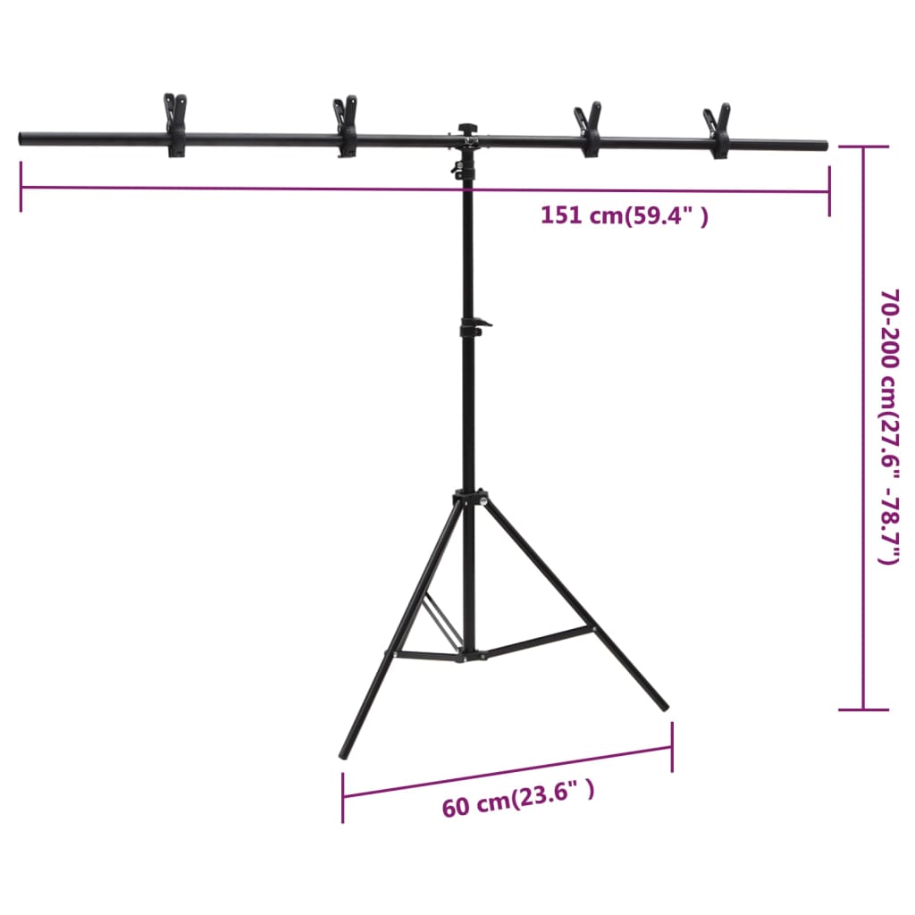 Suporte de fundo em forma de T 151x60x(70-200) cm preto