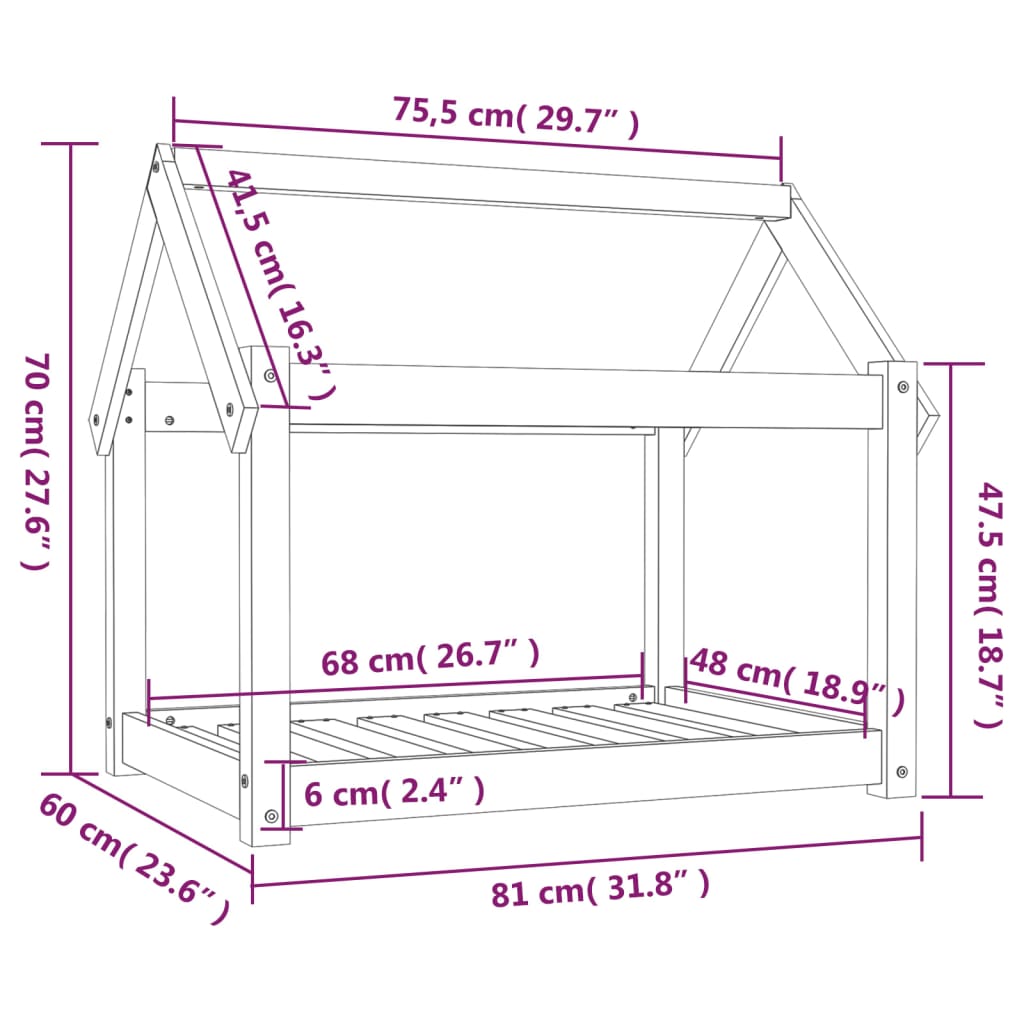 Cama para cães 81x60x70 cm madeira de pinho maciça