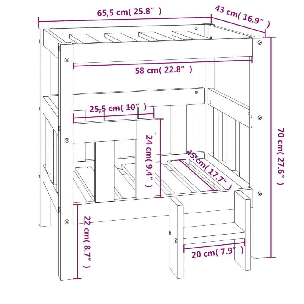 Cama para cães 65,5x43x70 cm madeira de pinho maciça