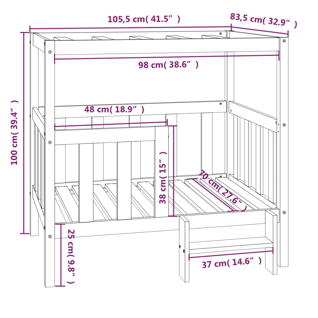 Cama para cães 105,5x83,5x100 cm madeira de pinho maciça