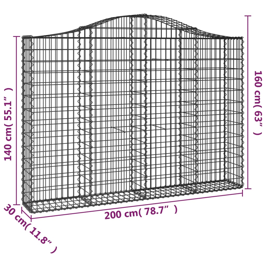 Cestos gabião arqueados 8pcs 200x30x140/160cm ferro galvanizado