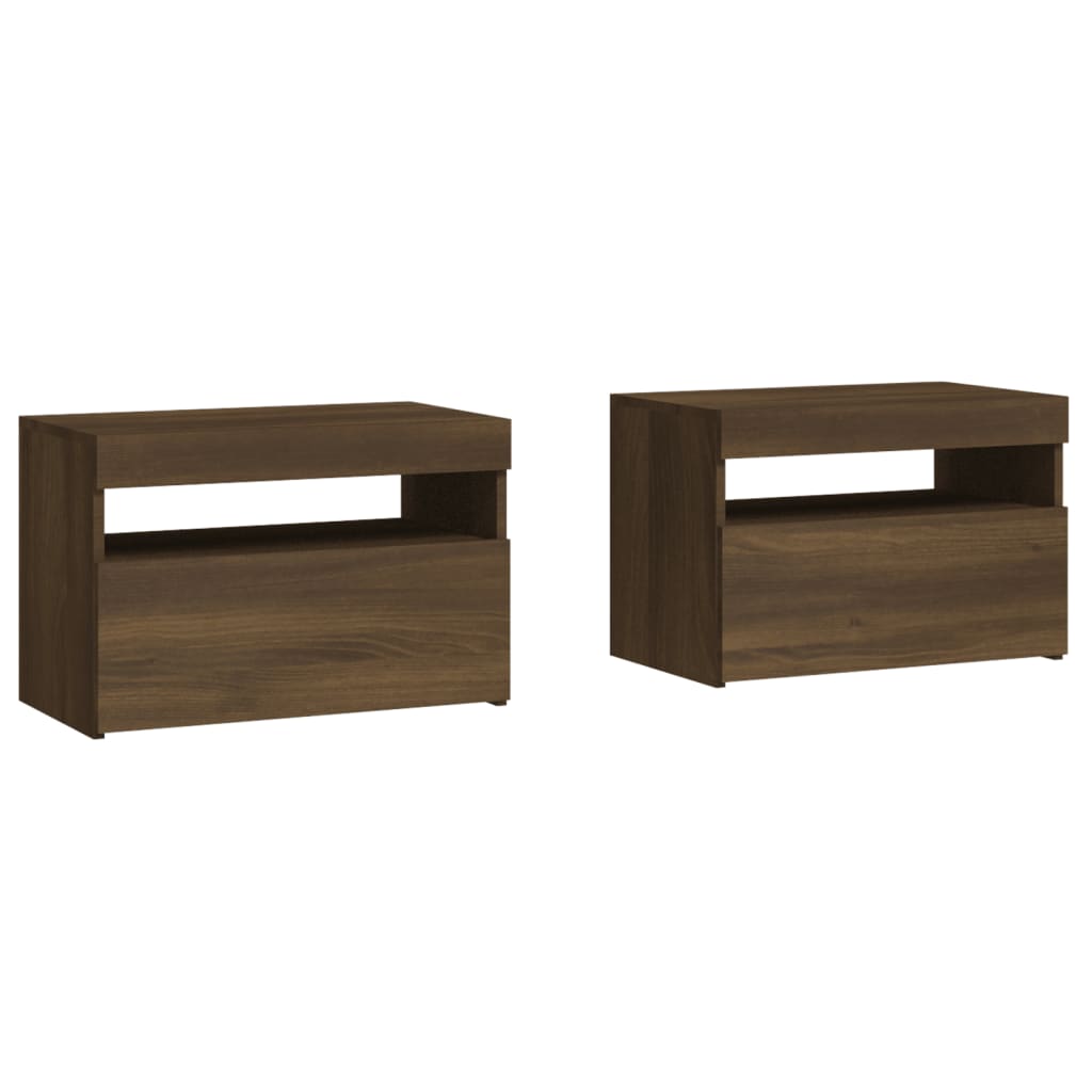 Mesas cabeceira c/ LEDs 2 pcs 60x35x40 cm carvalho castanho