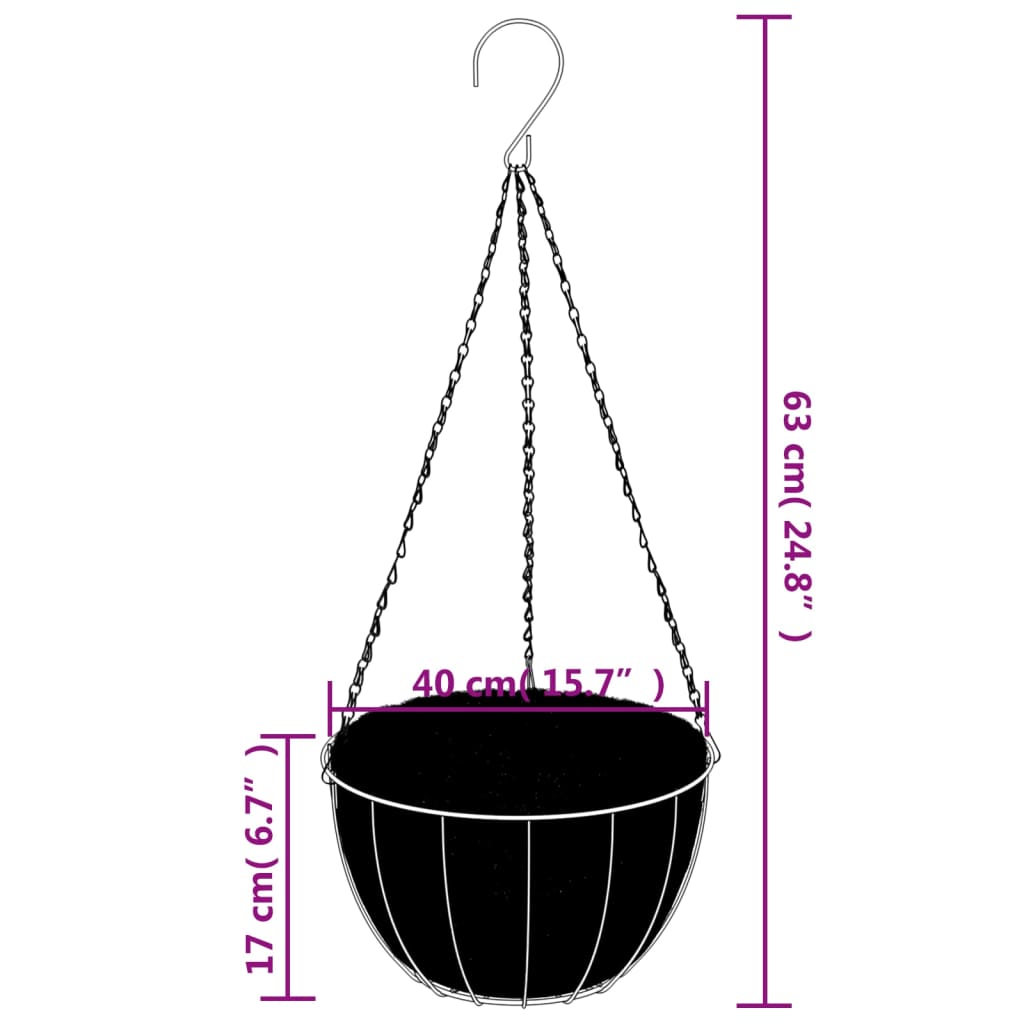 Vasos suspensos 4 pcs c/ forro de coco Ø 40x63 cm aço preto