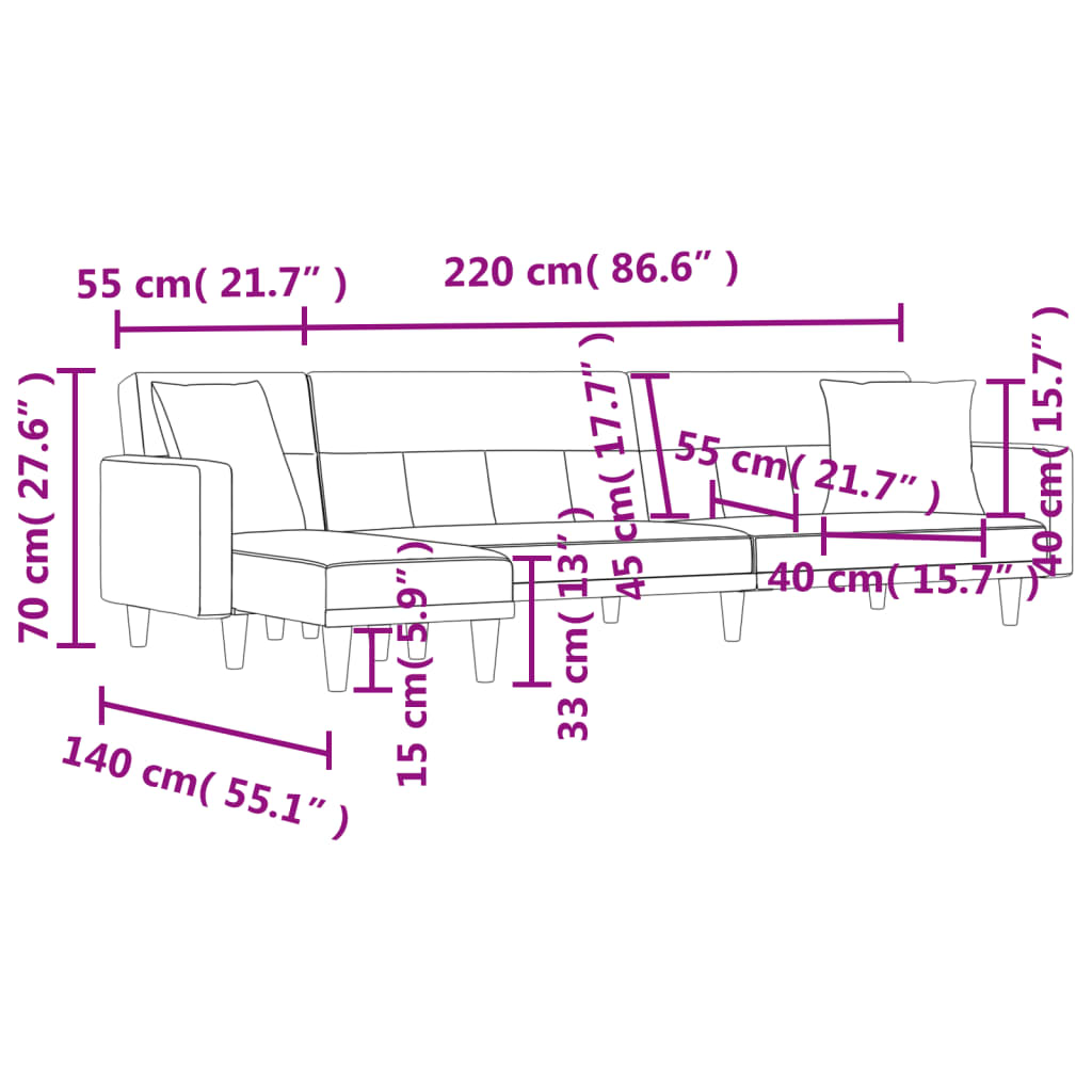 Sofá-cama em forma de L 275x140x70 cm tecido preto