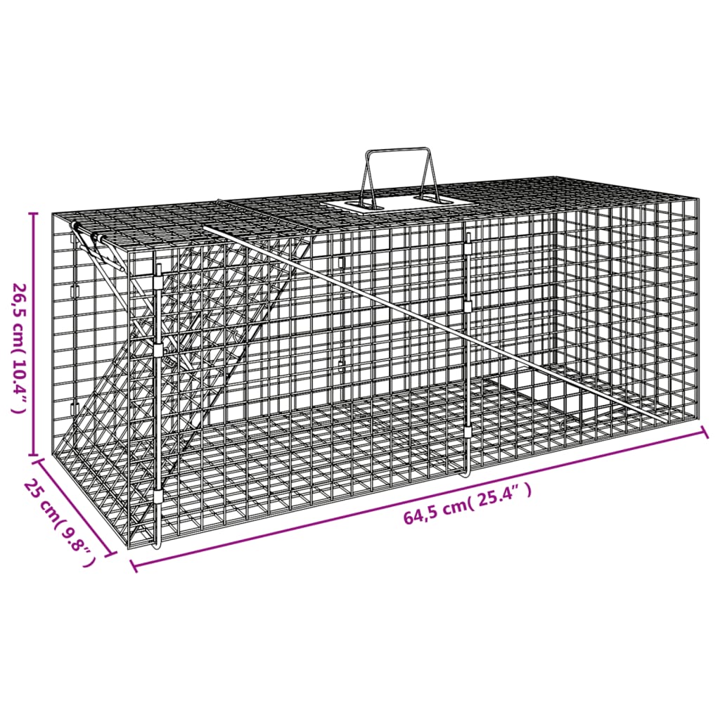 Armadilha p/ animais 64,5x25x26,5 cm ferro galvanizado