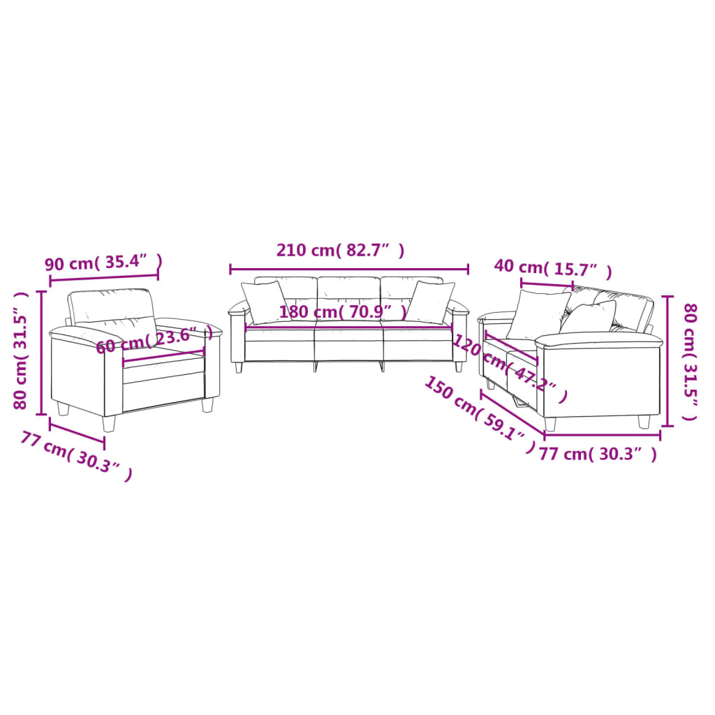 3 pcs conjunto sofás c/ almofadas microfibra cinza-escuro