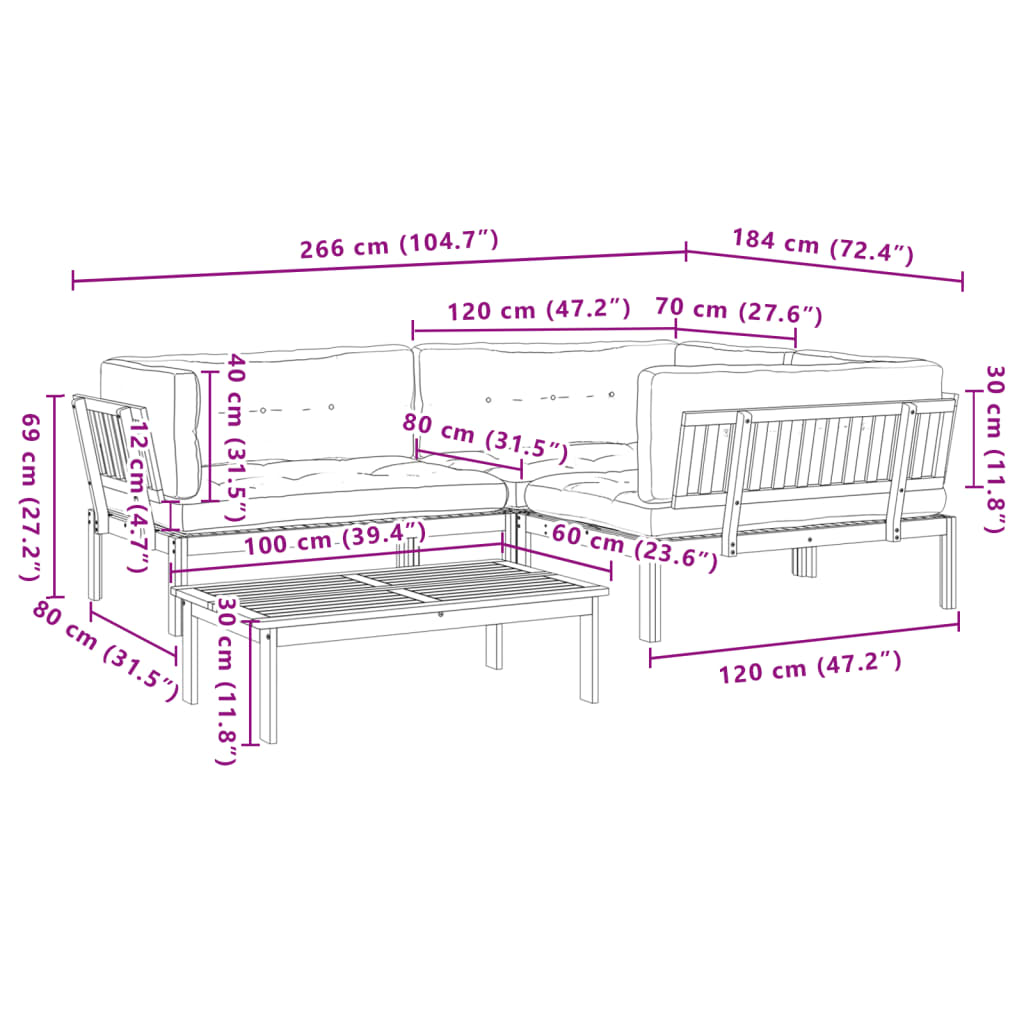 4 pcs móveis de paletes p/ jardim c/ almofadões acácia maciça