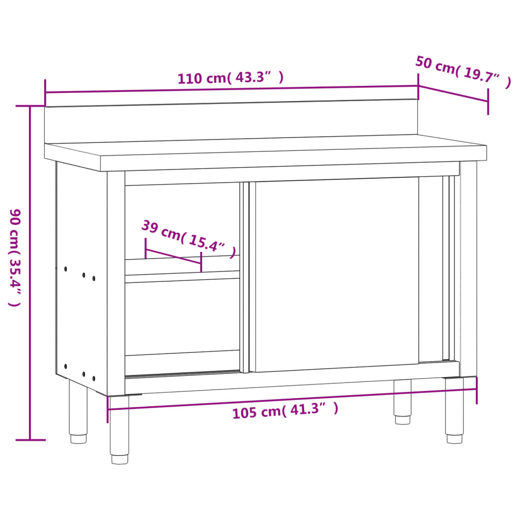 Mesa/bancada de cozinha com portas de correr aço inoxidável