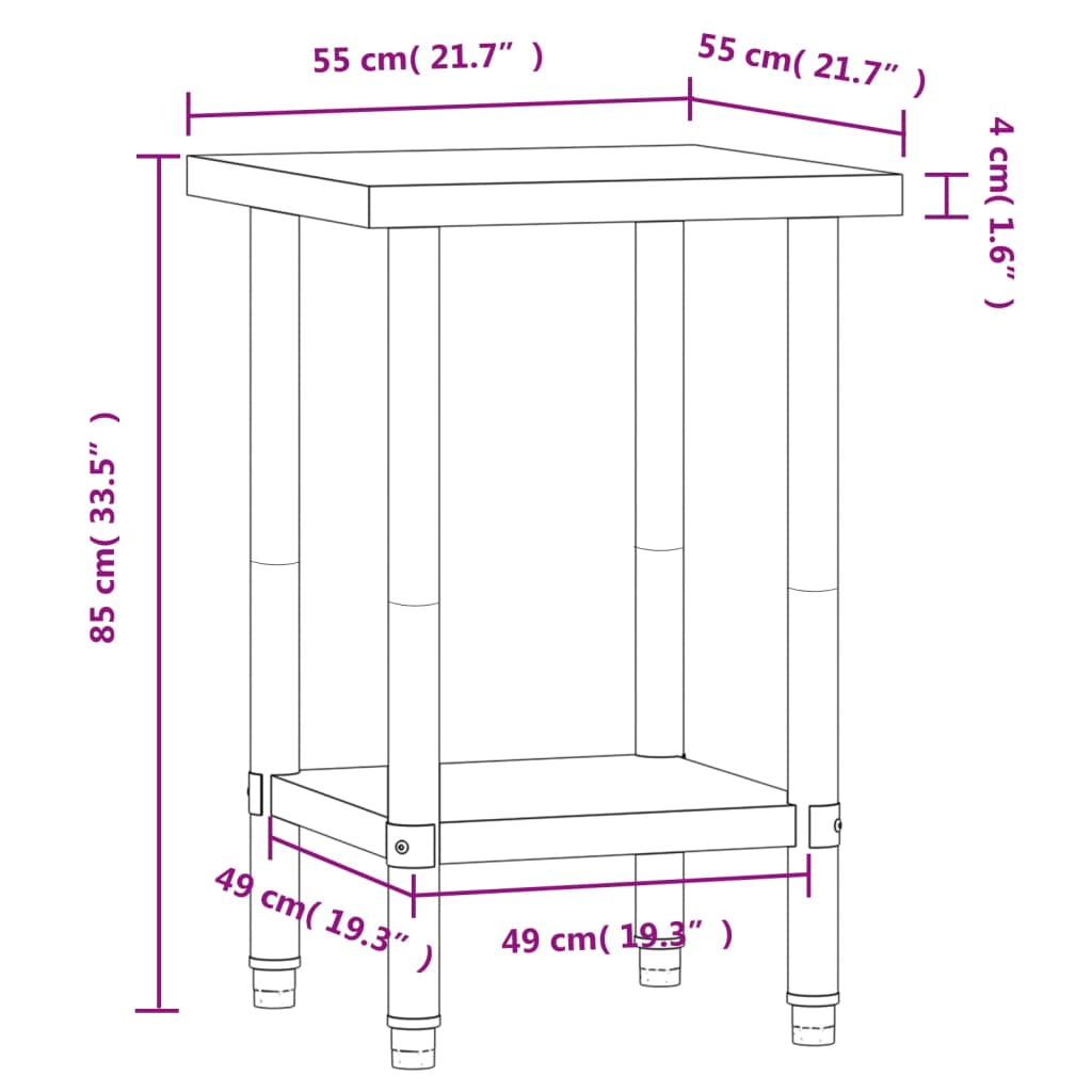 Mesa de trabalho para cozinha 55x55x85 cm aço inoxidável