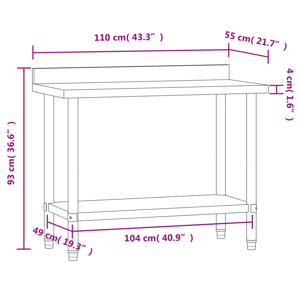 Mesa cozinha rebordo antissalpicos 110x55x93 cm aço inoxidável