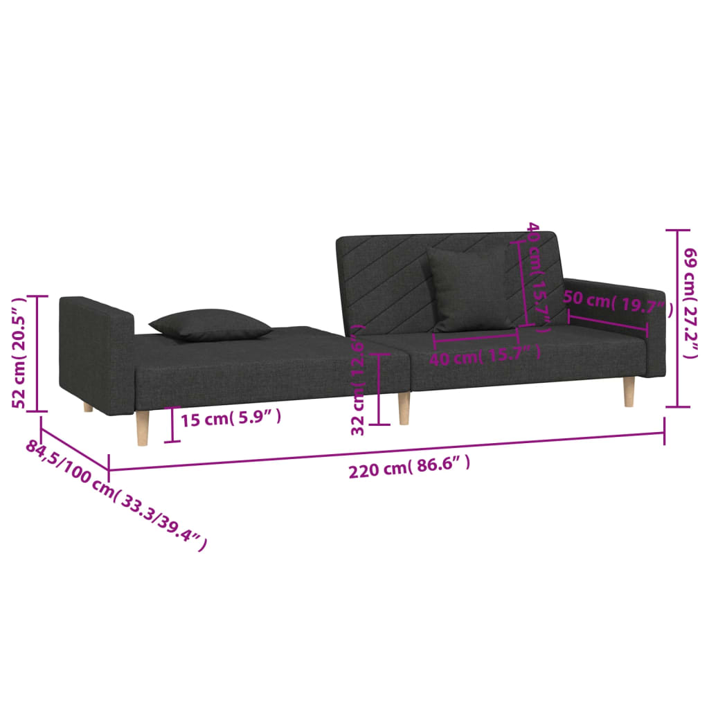 Sofá-cama 2 lugares com duas almofadas tecido preto