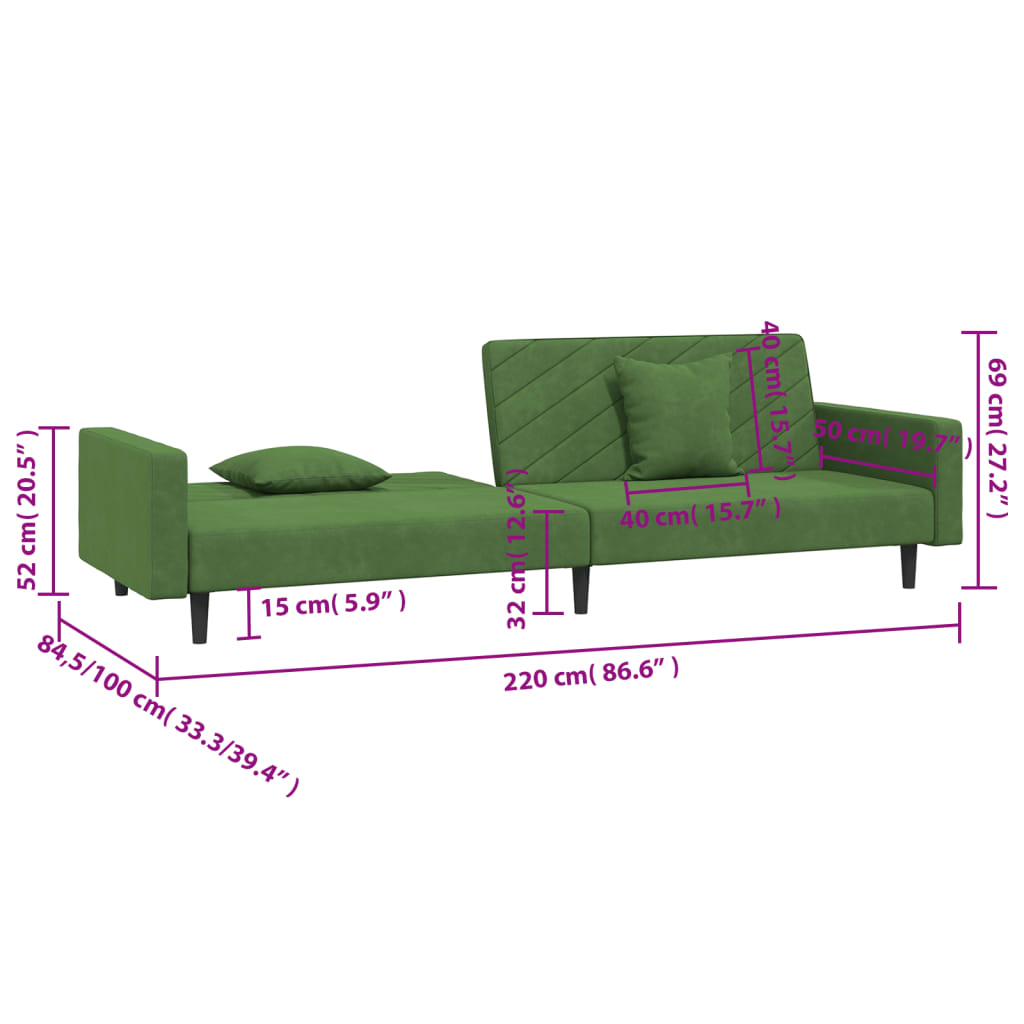 Sofá-cama 2 lugares com duas almofadas veludo verde-escuro