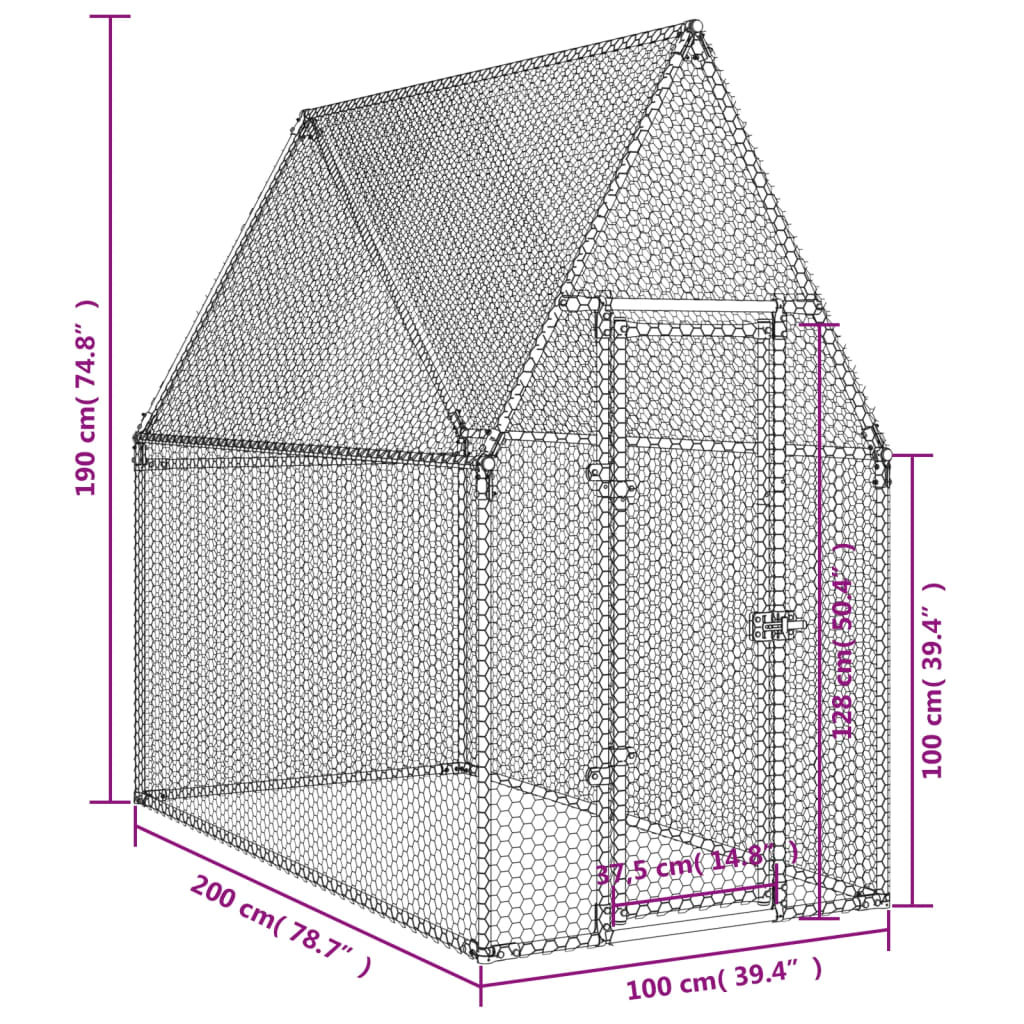 Galinheiro 200x100x190 cm aço galvanizado prateado