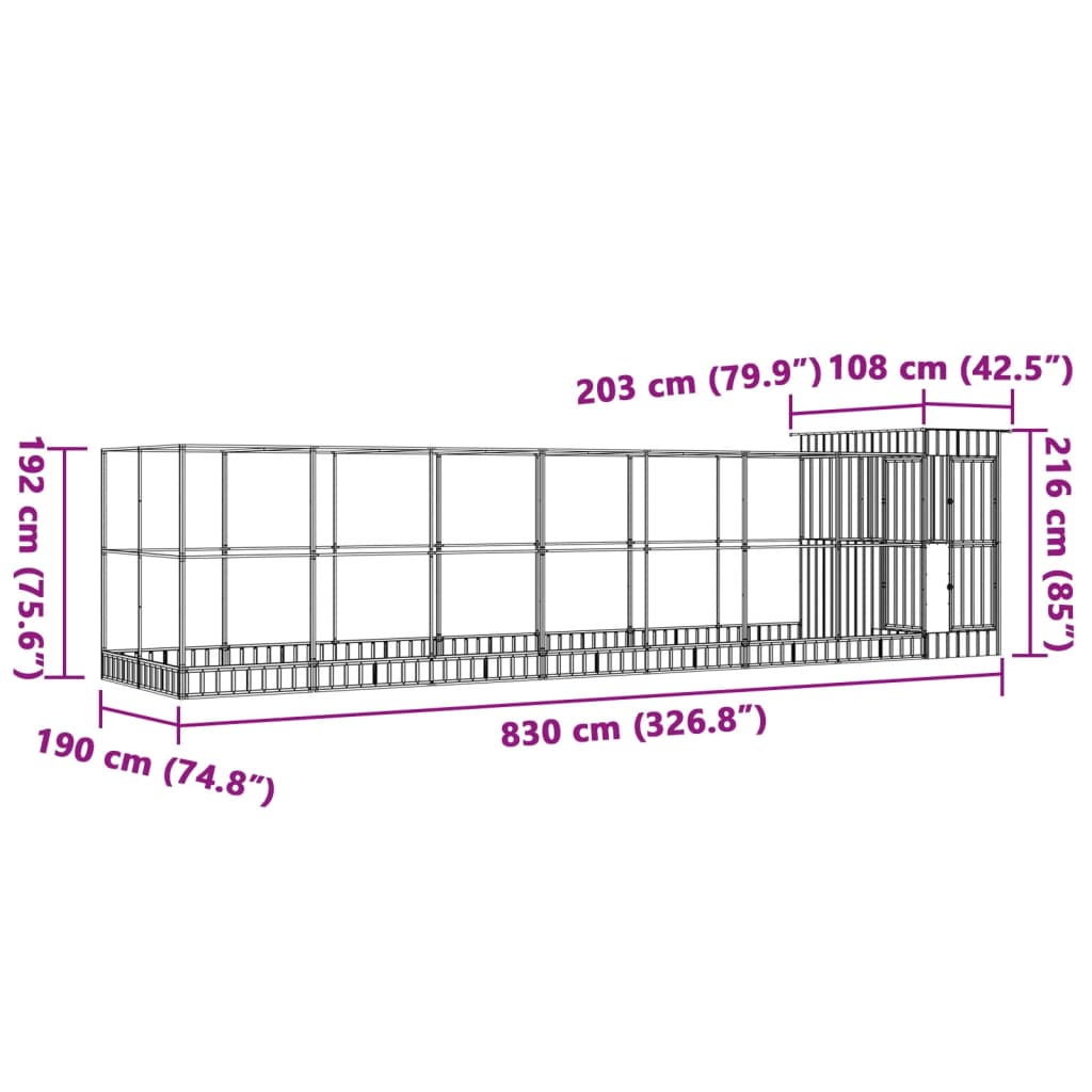 Aviário com extensão 830x203x216 cm aço prateado