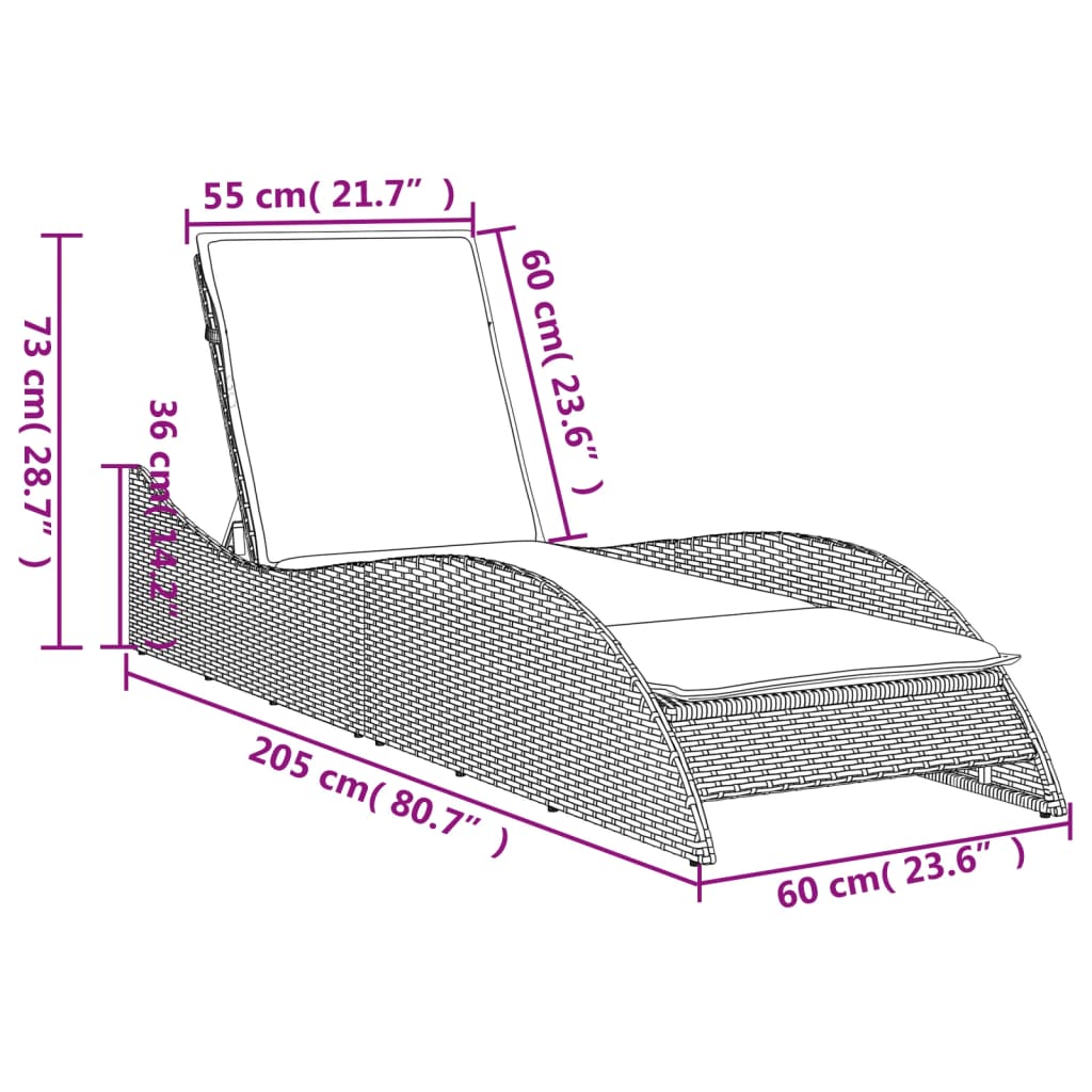 Espreguiçadeira com almofadão 60x205x73 cm vime PE cinza-claro