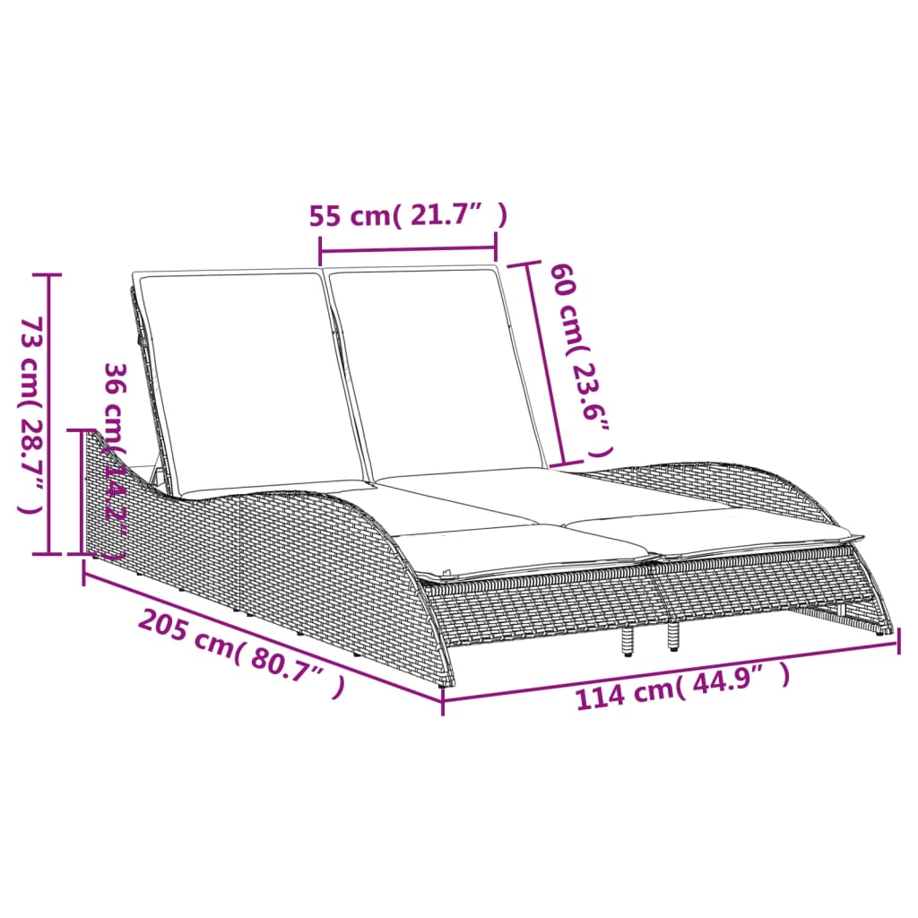 Espreguiçadeira com almofadões 114x205x73 cm vime PE bege