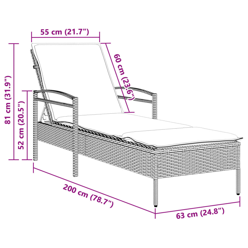 Espreguiçadeira com almofadão 63x200x81 cm vime PE preto