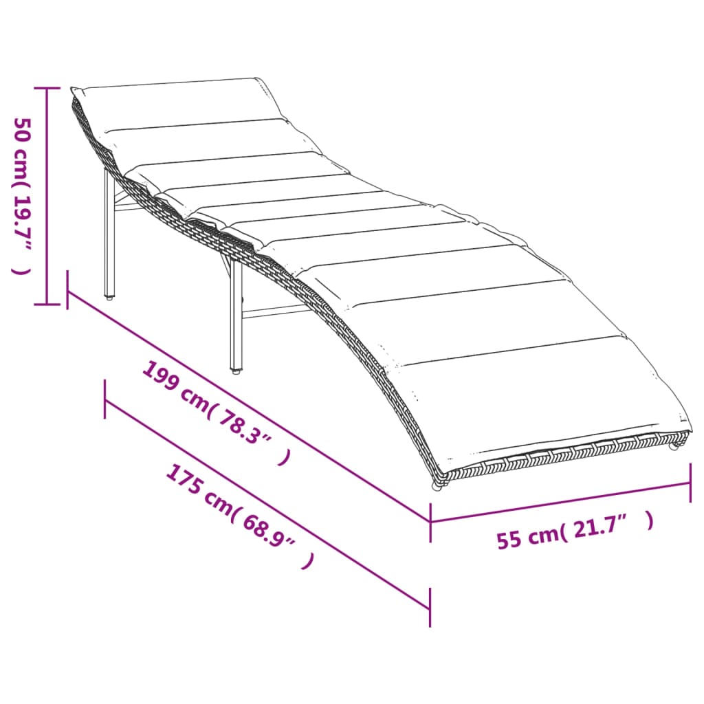 Espreguiçadeira com almofadão 55x199x50 cm vime PE castanho