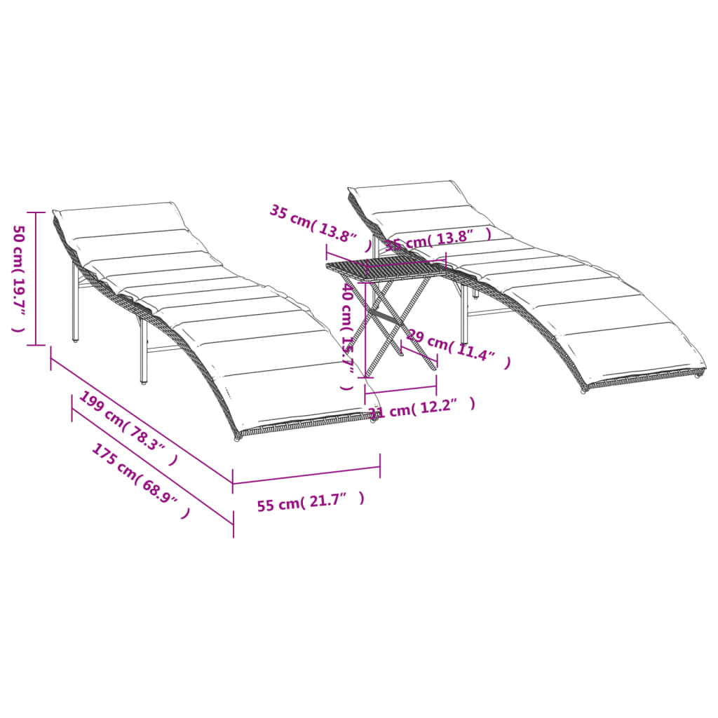 Espreguiçadeiras com mesa 2 pcs vime PE cinzento