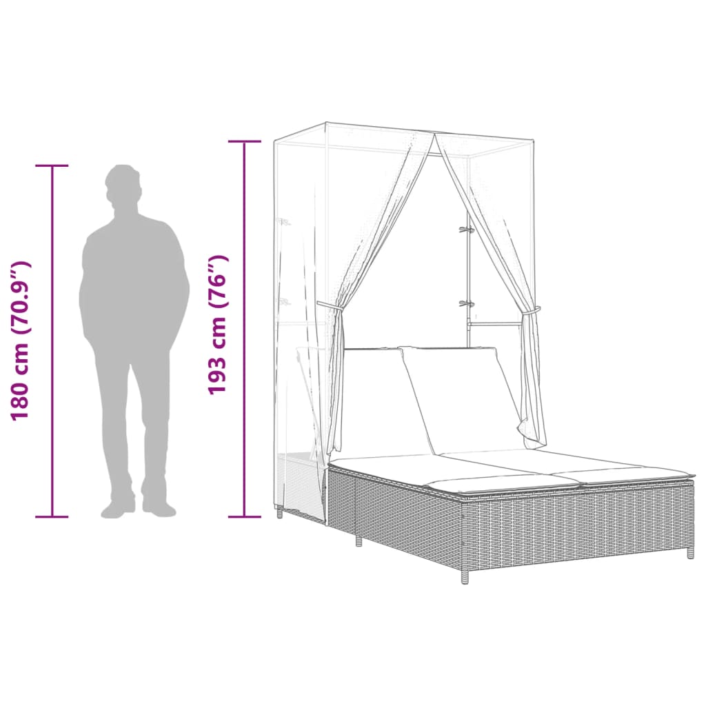 Espreguiçadeira dupla c/ teto e cortinas vime PE cinzento-claro