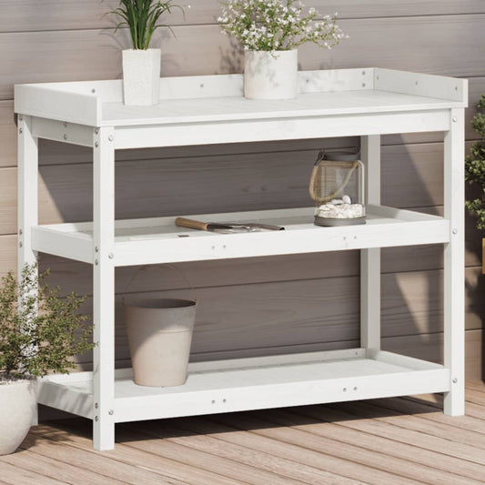 Mesa de jardinagem com prateleiras madeira pinho maciça branco