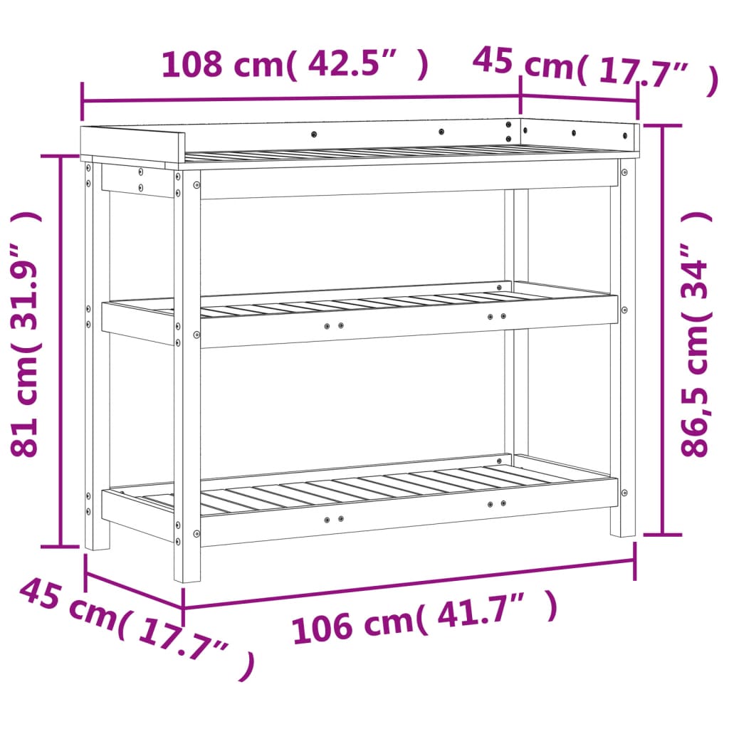 Mesa jardinagem c/ prateleiras 108x45x86,5 cm pinho impregnado