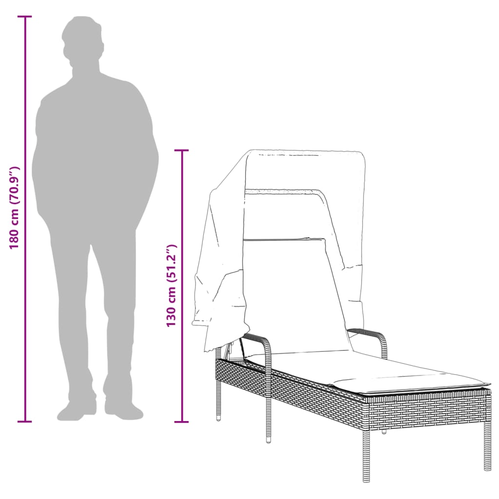 Espreguiçadeira com toldo vime PE cinzento