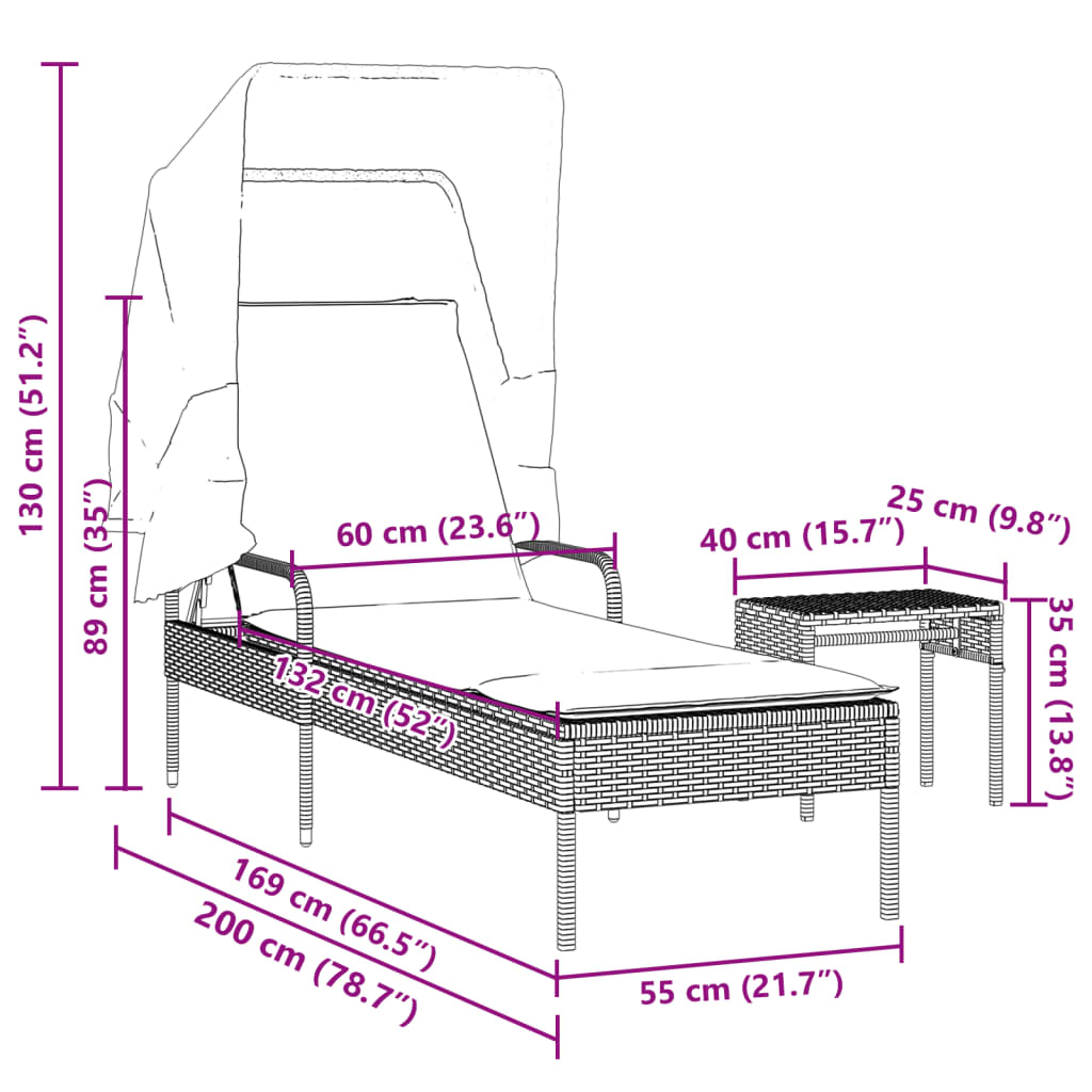 Espreguiçadeira com toldo e mesa vime PE castanho