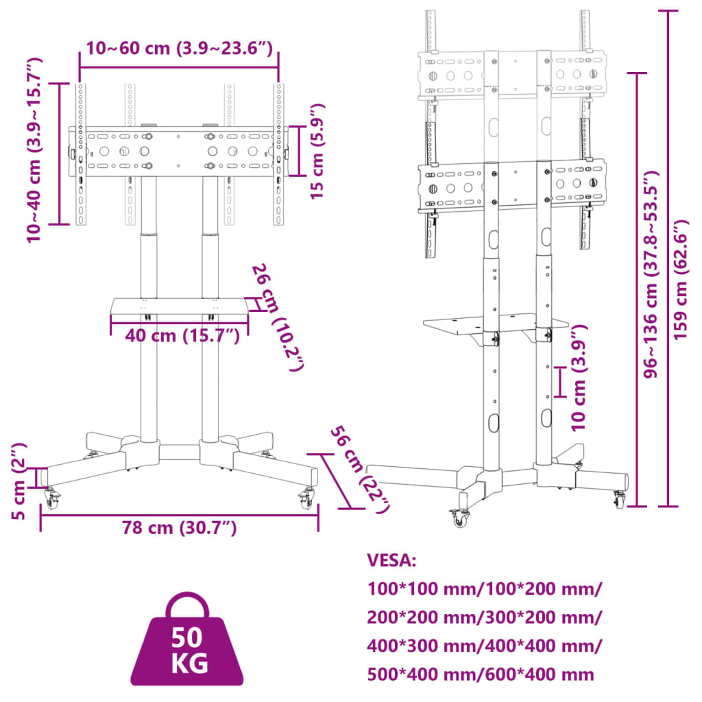 Suporte de TV c/ rodas ecrãs de 32-70" Max VESA 600x400mm 50kg