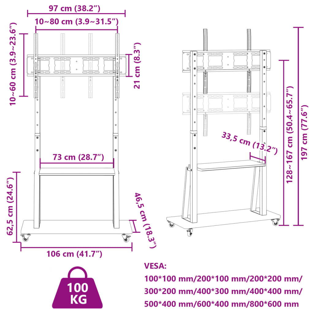 Suporte de TV c/ rodas ecrãs de 32-90" Max VESA 800x600mm 100kg