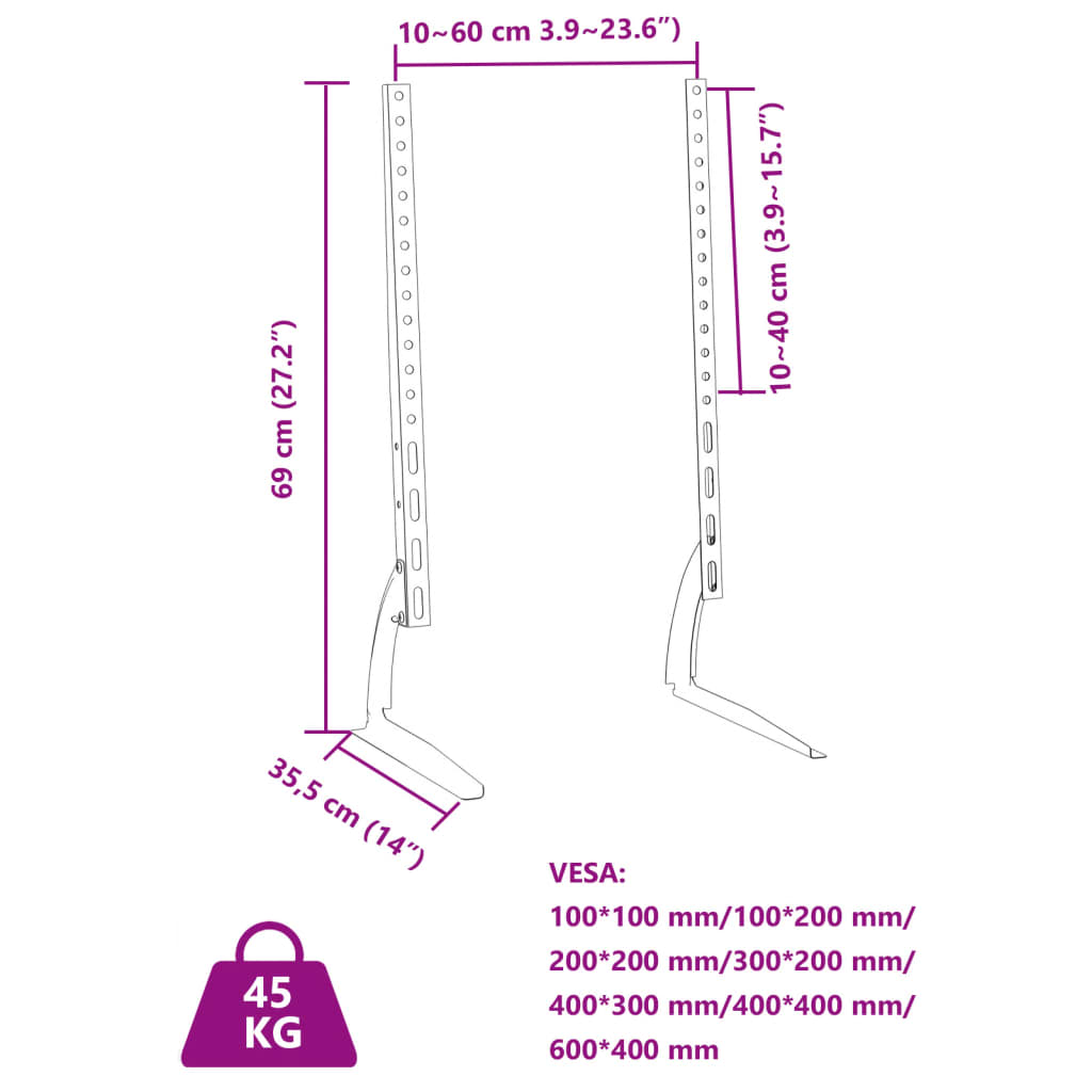 Suportes de TV 2 pcs p/ ecrãs de 37-75" Max VESA 600x400mm 45kg