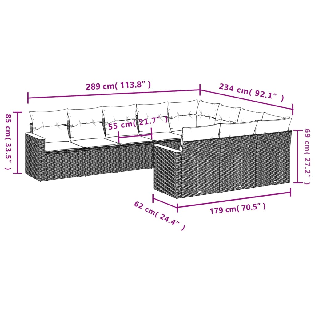 10 pcs conj. sofás jardim c/ almofadões vime PE bege misturado