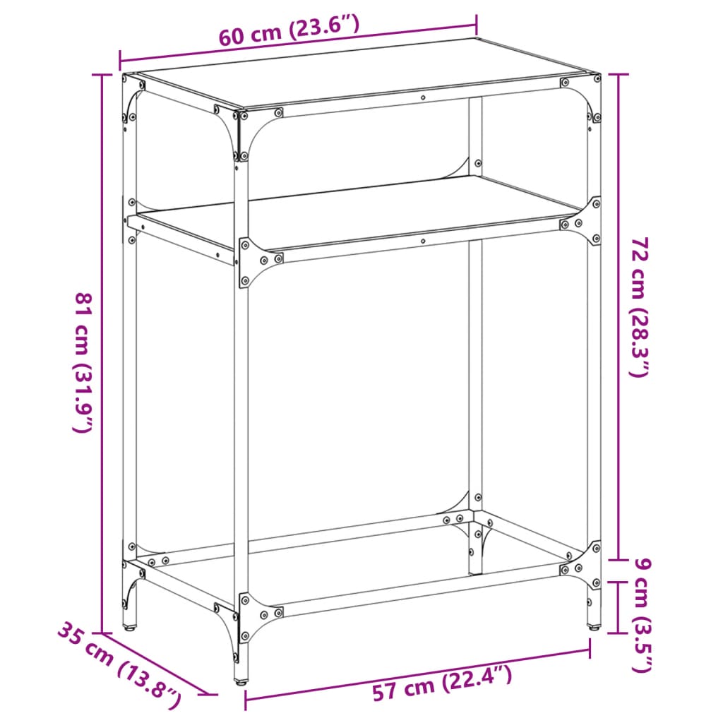 Mesa consola c/ tampo em vidro transparente 60x35x81 cm aço