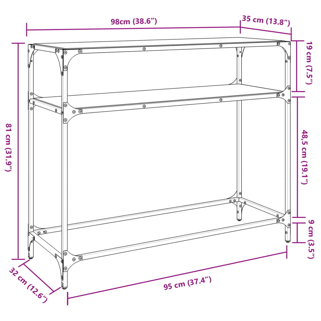 Mesa consola com tampo em vidro transparente 98x35x81 cm aço