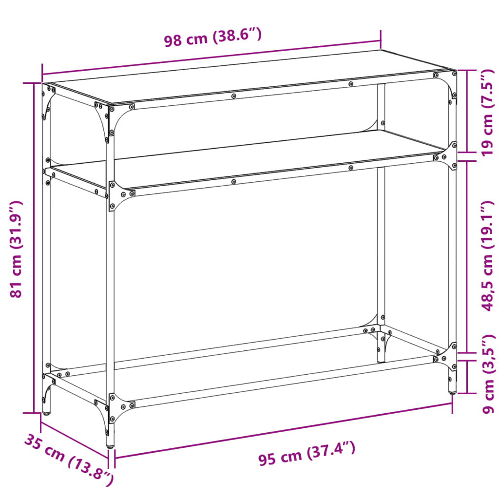 Mesa consola com tampo em vidro preto 98x35x81 cm aço