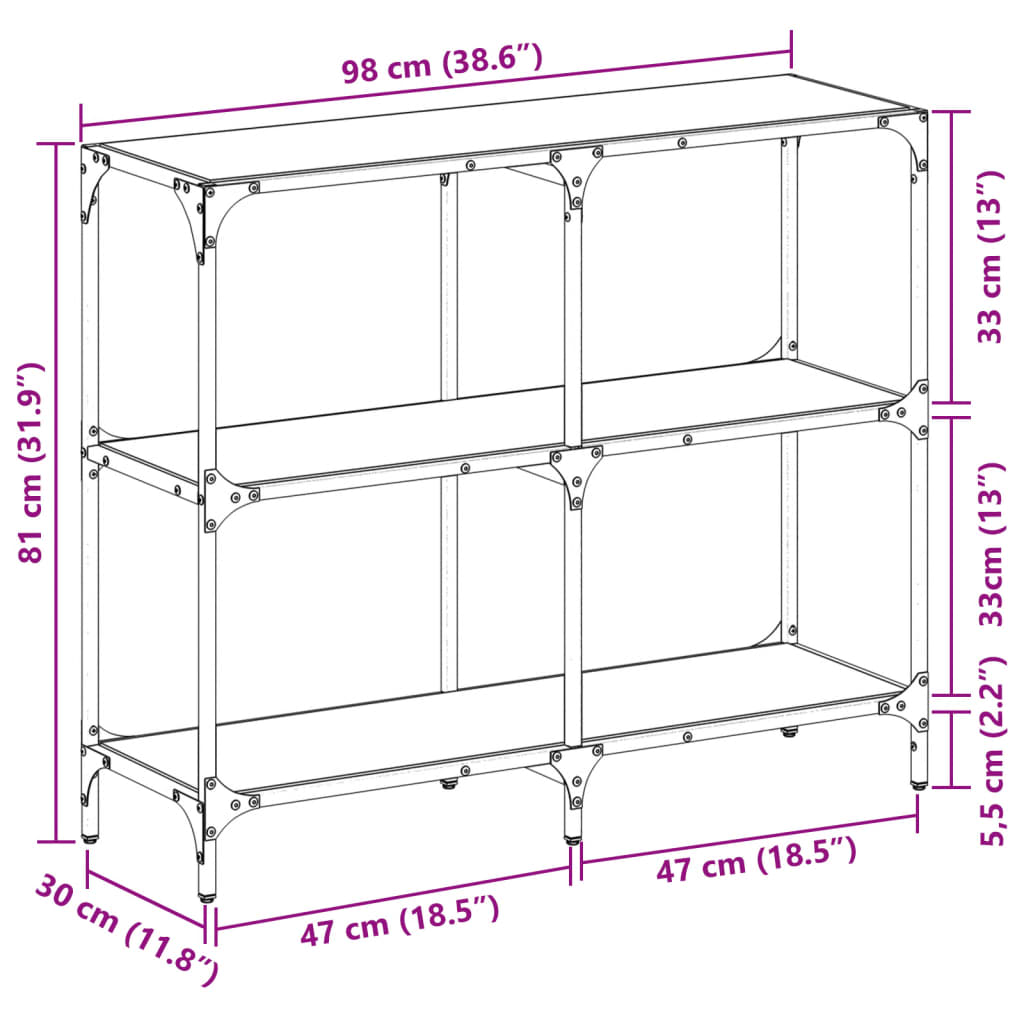 Mesa consola com tampo em vidro preto 98x30x81 cm aço