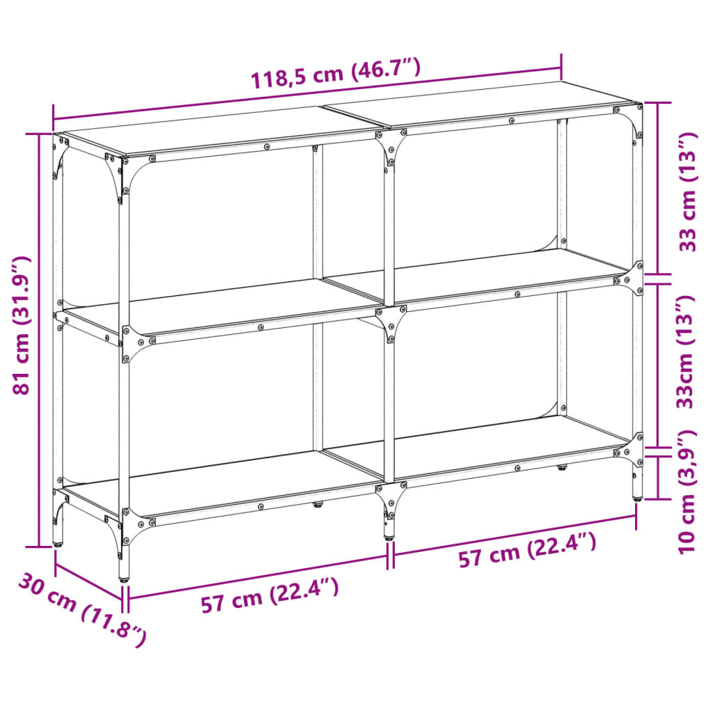 Mesa consola com tampo em vidro transparente 118,5x30x81 cm aço