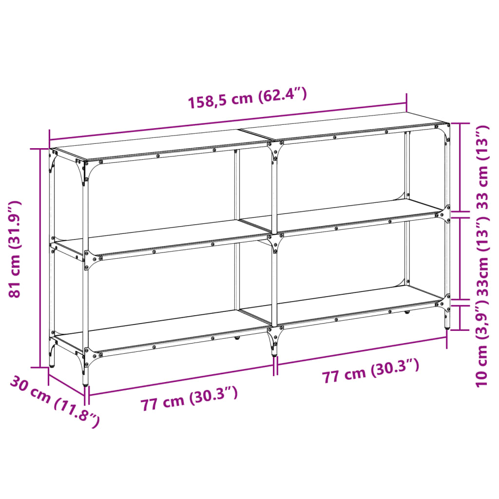 Mesa consola com tampo em vidro preto 158,5x30x81 cm aço