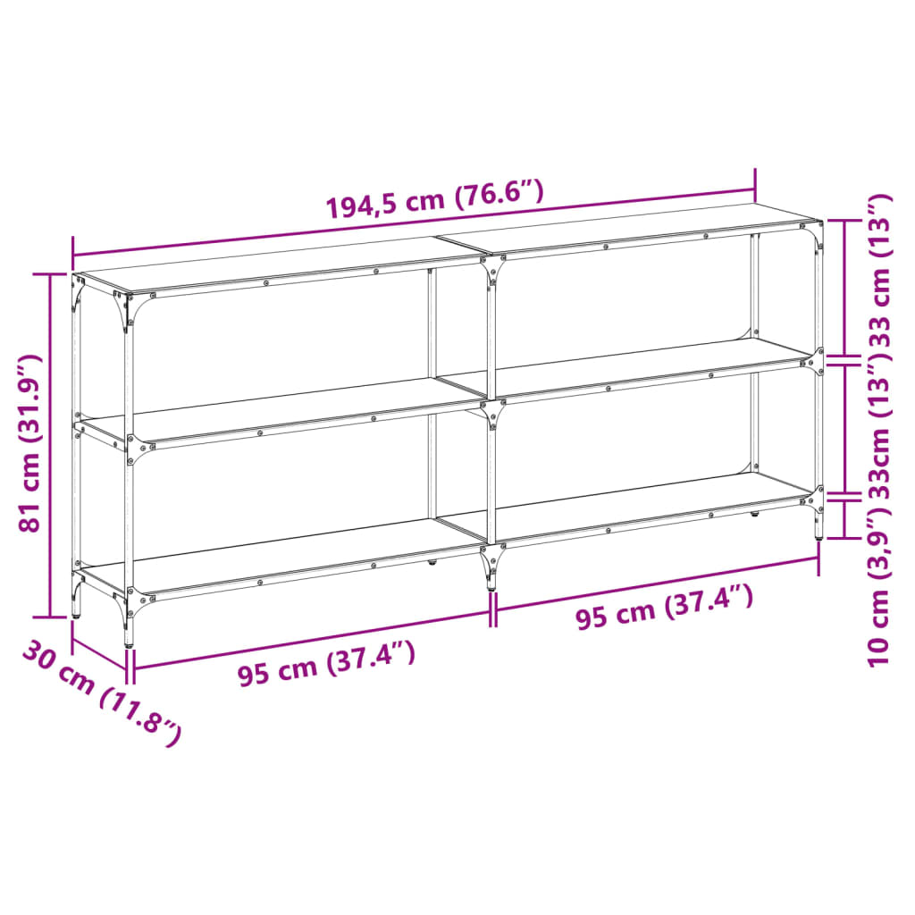 Mesa consola com tampo em vidro transparente 194,5x30x81 cm aço